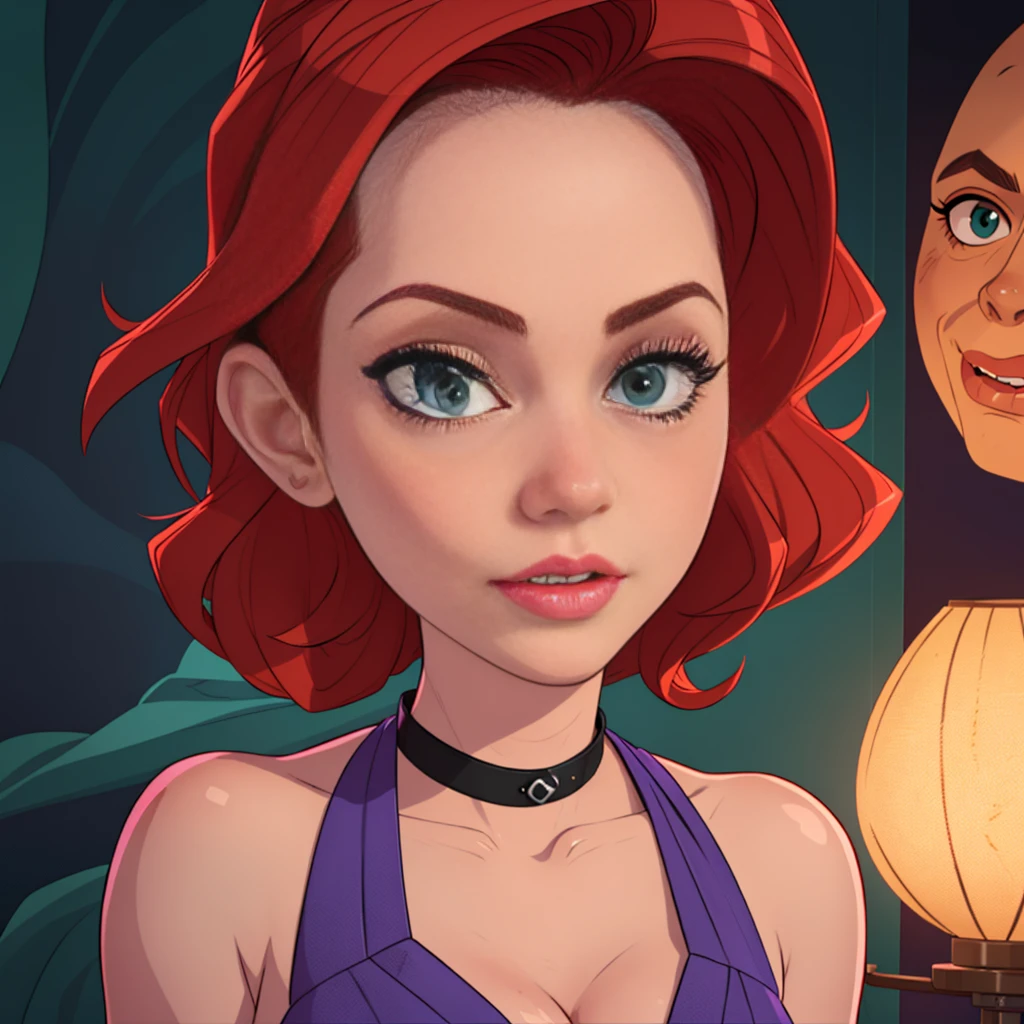 (high quality,realistic:1.2),ultra-detailed,beautiful detailed eyes,beautiful detailed lips,extremely detailed eyes and face,longeyelashes,redhead,green scarf around her neck,purple dress,scared,1girl,dark ambient,mysterious ambient,horror,portrait,studio lighting