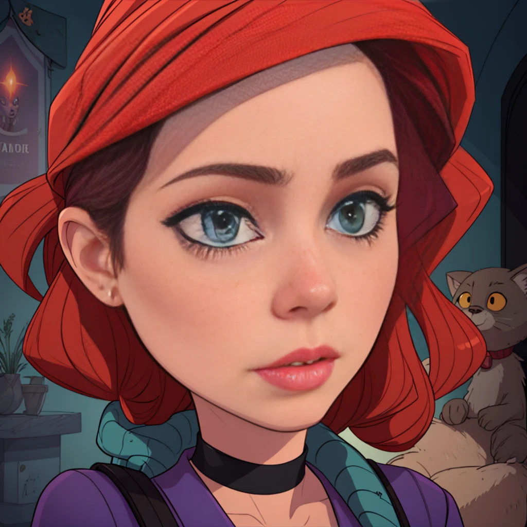 (high quality,realistic:1.2),ultra-detailed,beautiful detailed eyes,beautiful detailed lips,extremely detailed eyes and face,longeyelashes,redhead,green scarf around her neck,purple dress,scared,1girl,dark ambient,mysterious ambient,horror,portrait,studio lighting