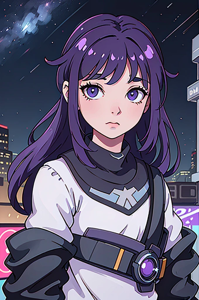 Immerse yourself in the wondrous expanse of a starry night, where the constellations of the zodiac twinkle like diamonds against the backdrop of the cosmos. Shades of purple dominate the scene, reminiscent of nebulae and their celestial beauty. The vastness of space surrounds you, a boundless expanse that seems to go on forever. At the edge of the canvas, a cyberpunk cityscape emerges, a fusion of technology and nature bathed in the soft glow of the neon lights. The metropolis, with its towering structures and pulsating energy, provides a stark contrast to the tranquility of the night sky, making