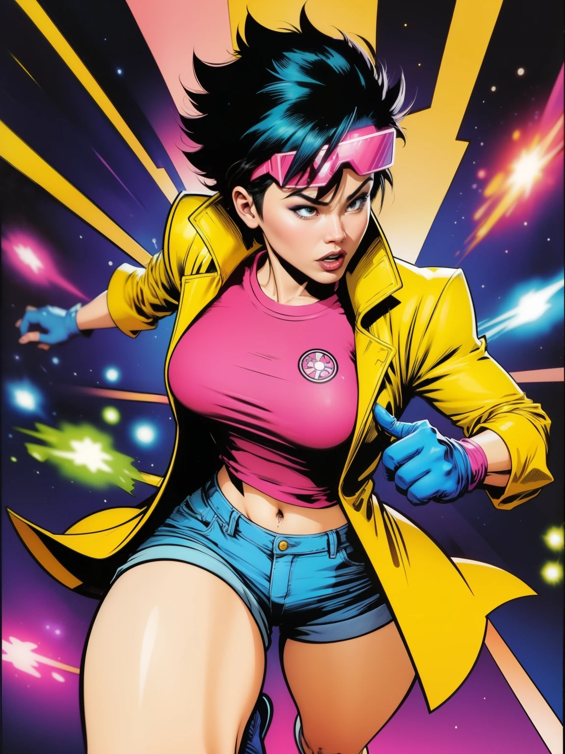 ((A comic style, cartoon art))). Jubilee is wearing her signature outfit. 1 girl, solo, lonly, Asian girl, (((wearing blue jeans shorts))), short black hair, brown eyes, (((wearing yellow overcoat and blue jeans shorts))), huge pink sunglasses, in dynamic heroic pose. fire blasts of concentrated plasma energy from your hands (((slim Hot Body))), which appears to be pulsing with power. ((comic background with neon colors)) , vivid colors, detailed, detailed face, realistic shadows and bright, glowing.