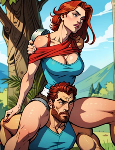 ""leggy redhaired woman in short shorts" sitting onto her opponent neck, "woman on top" woman on man shoulders" "sitting on his shoulders" "woman is holding deadman's head" "sitting onto shoulders". woman sitting man shoulders, the man's back is against a tree.