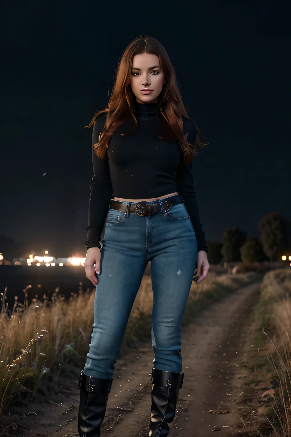 (Photo, full body view 1.4), (Full body: 1.4), RAW UHD portrait photo of a 28-year-old redhead (green-eyed woman) In a dutch style field, (Leather jacked with tight blue jeans and black high heel boots.), details (textures! , hair! , glitter, color!! , disadvantages: 1.1), glossy eyes with high detail (looking at the camera), SLR lighting, SLR camera, ultra-quality, sharpness, depth of field, film grain (center), Fujifilm XT3, crystal clear, frame center, beautiful face, sharp focus, (night sky), detailed skin pores, sunburn, complex eye details, full body view,