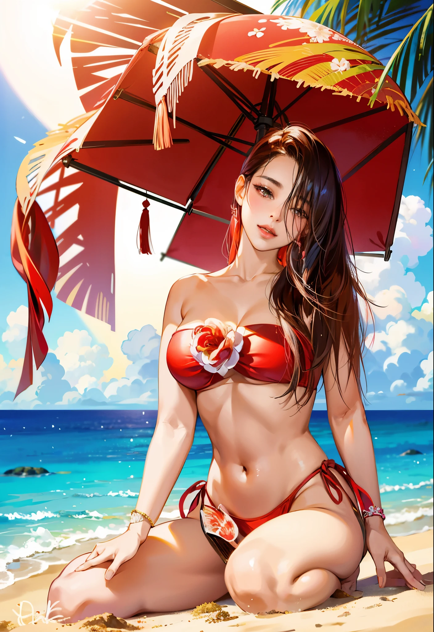 arafed woman in a red bikini sitting on the beach, sexy girl, beautiful asian girl, asian girl, beautiful asian woman, red bikini, japanese model, with beautiful exotic, beautiful model girl, bikini model, korean girl, gorgeous bikini model, chinese girl, an asian woman, beautiful girl model, beautiful south korean woman, attractive girl, hot with shining sun