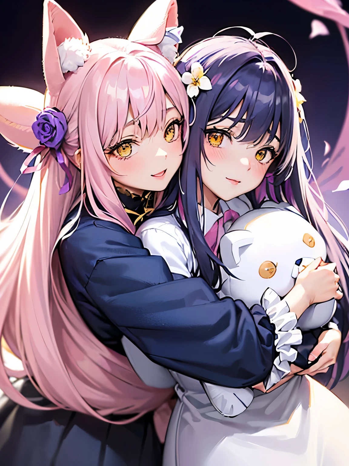 (薄いpinkの髪:1.2),(long hair:1.3),(hair with volume:1.25),(big ribbon:1.3),(yellow eyes:1.4),(eye size:1.5),((Feminine fashion:1.4)),(Background full of blooming flowers:1.5),(blush),(small breasts:1.4),((focus on face:1.5)),BREAK//(fashion color white、dark blue、purple、pink:1.3),(smile:1.2),((Hug an oversized stuffed animal:1.5)),((🧸hug:1.3)),((close up of face:1.2))