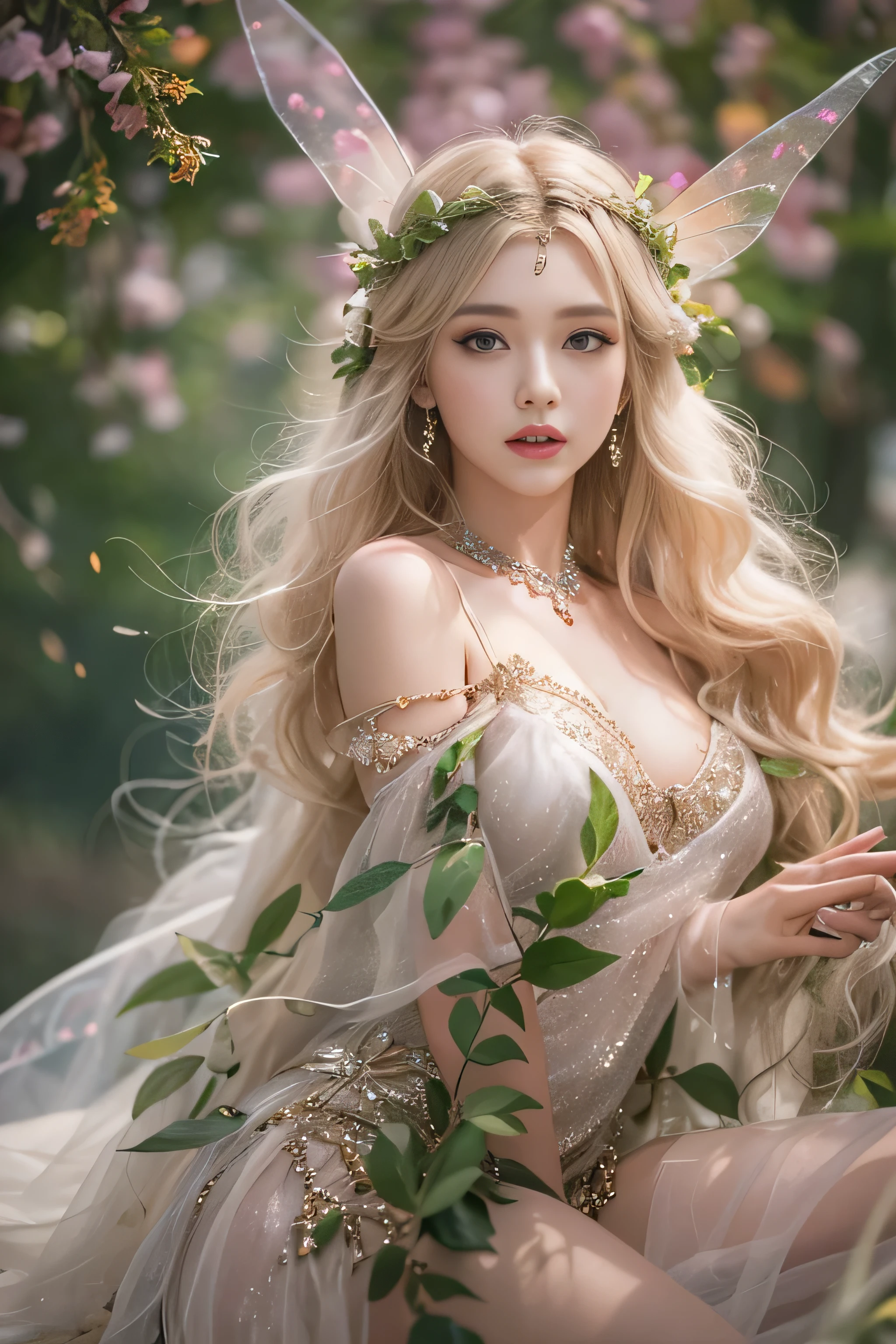 highest quality、High resolution、Super detailed、masterpiece、(Live shooting:1.5)、genuine:1.5、photogenuineistic:1.5、very delicate and beautiful、small details、(european:1.4)、(spread your legs:1.1)、Elegant and beautiful fairy portrait、She is in harmony with nature、beautiful like a fairy、Clear, glowing skin、emerald green eyes、(delicate and soft blonde hair)、light, Feather-like hair ornaments and accessories、Elegant and flowing fairy-like costume、A background that blends in with nature