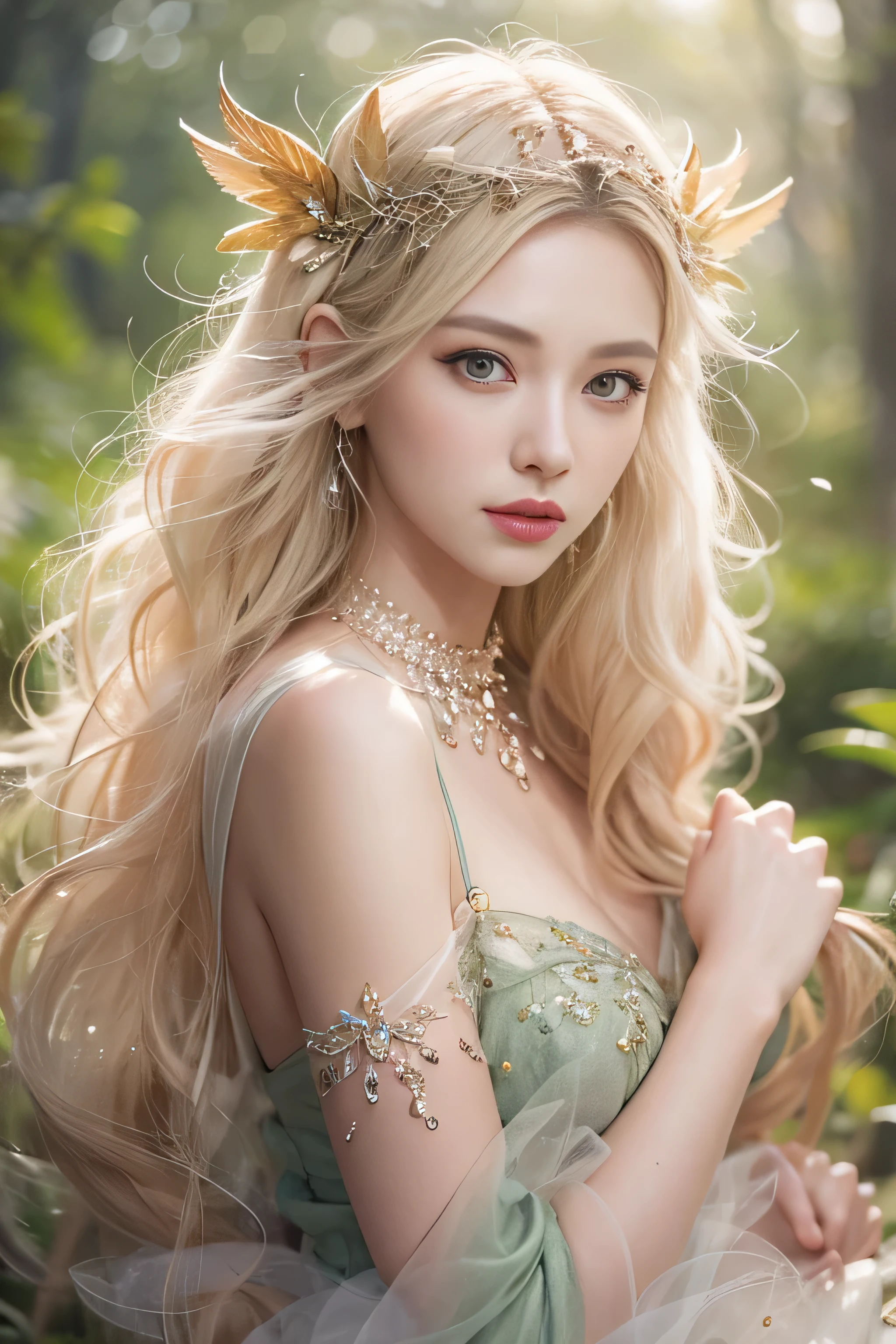 highest quality、High resolution、Super detailed、masterpiece、(Live shooting:1.5)、genuine:1.5、photogenuineistic:1.5、very delicate and beautiful、small details、(european:1.4)、(spread your legs:1.1)、Elegant and beautiful fairy portrait、She is in harmony with nature、beautiful like a fairy、Clear, glowing skin、emerald green eyes、(delicate and soft blonde hair)、light, Feather-like hair ornaments and accessories、Elegant and flowing fairy-like costume、A background that blends in with nature