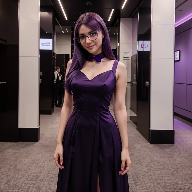 attendant Human woman, happy, with some android features, purple hair, glasses with purple rims, formal clothes