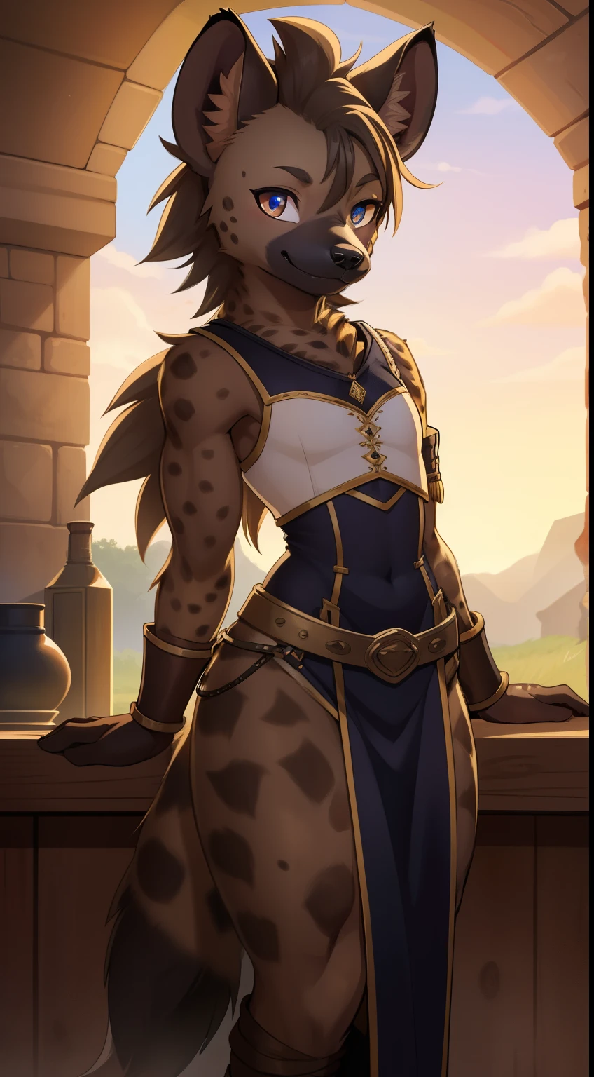 Best quality, Super detailed illustration, ( boy Fluffy hyena:1.4) , Body like a girl, thick lush hair, Blacksmith's clothing, predatory smile, Femboys, small waist, wide hips, Slim, perfect body, Beautiful eyes, full length