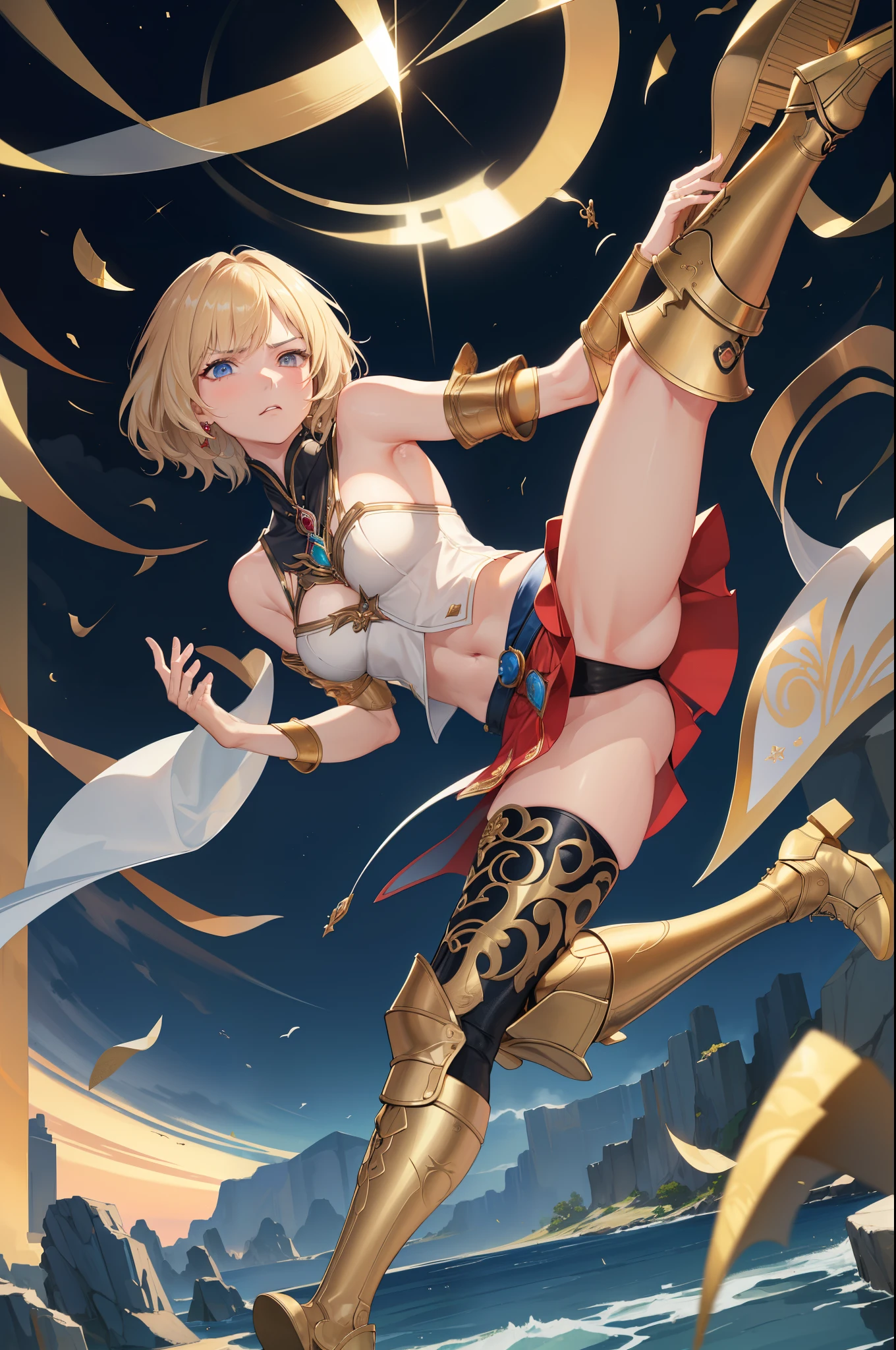 (golden ratio,muste piece, top quality, best quality, beautiful and aesthetic:1.2), very detailed, colorful,best details, (adult,19 years old,1 girl,  Final Fantasy 12,Ashelia, short hair, short hair,Asheliaコスチューム, huge , mini skirt,thigh high boots, thighs, jewelry,Contemptuous look,Eyes like looking at garbage, displeased,from below,Knee striking,Knee striking,Knee striking,Knee striking,Knee striking,solo,1 girl