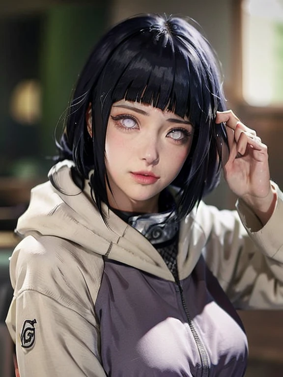 (obra maestra), (Mejor calidad), UHD resolution, 1 chica, cabello largo y una sudadera con capucha, hinata hyuga, hinata hyuga de naruto, de naruto, as an personaje animado, Cara de anime perfecta, she has pelo azul oscuro with bangs, female personaje animado, personaje realista, mejor chica anime, Peinado de corte hime, pelo azul oscuro, (labios rojos brillantes:1.3), ojos morados claros