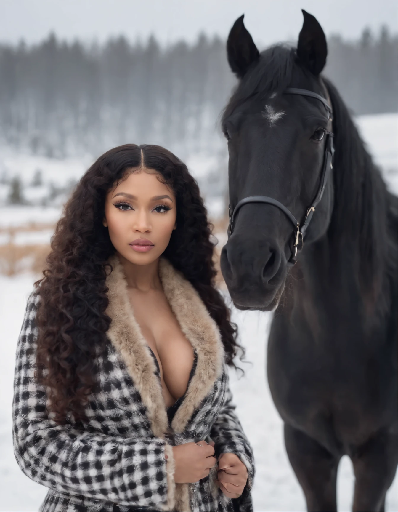 Nicki Minaj with long baby curl hair , very curly hair, and wearing checkered fur coat and standing near black horse, high vibrance, Sunny daylight, snowy background
