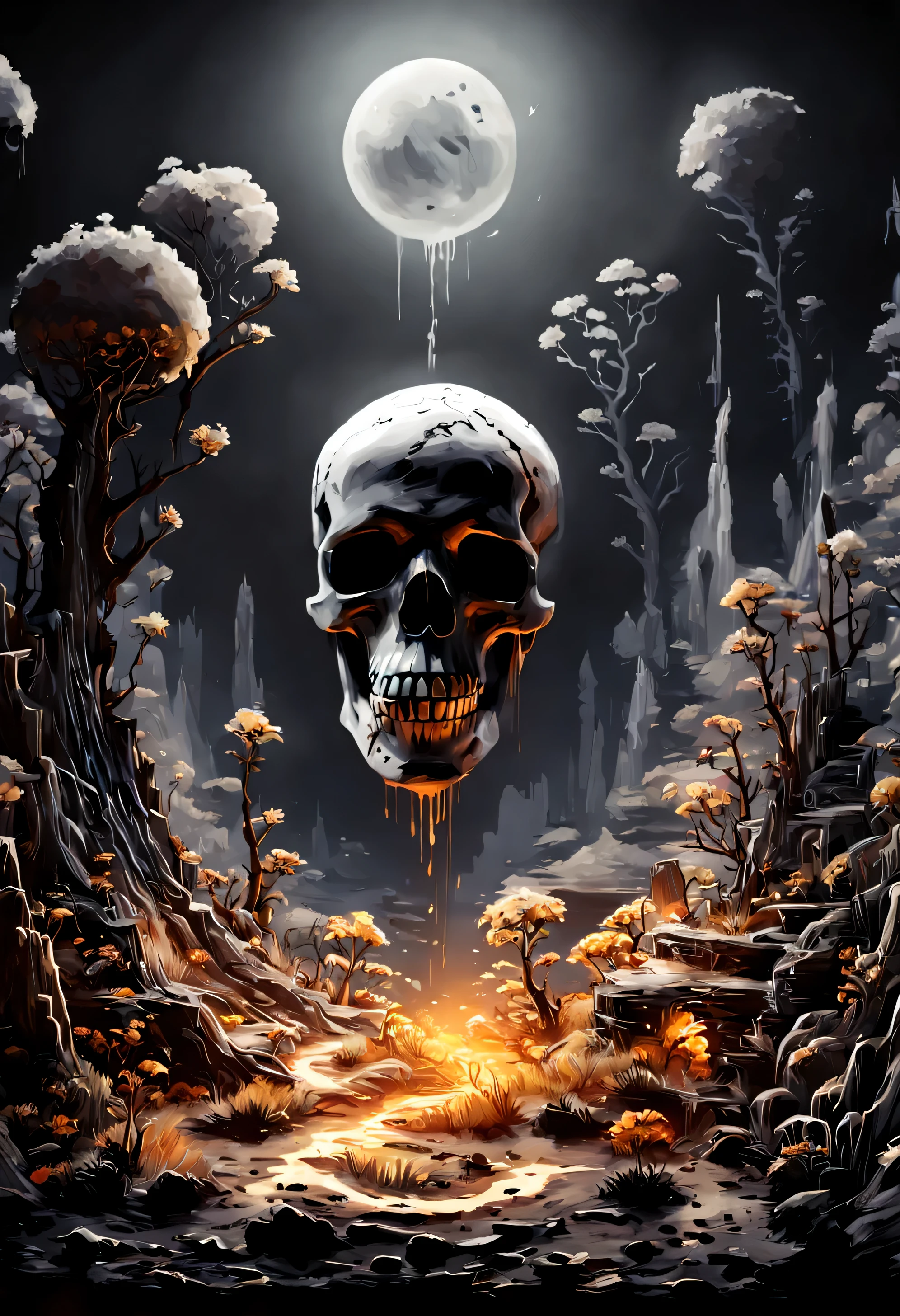 It's night time, the atmosphere is eerie and mist rises from the ground that is covered with black and white colored foliage. a void faced skeleton character is from the chest up in the front of the image. The void faced skeleton lis gazing upon a skull made of melting dark matter, the skull has charred old cowboy hat on. he is holding up with one hand close to it's void face. A large oilpainting is hanging by itself above the ground on the background, painting portraits an old crubled well and a pair of footprints on the ground, the footprints step out of the painting and leads all the way to void faced cowboy.