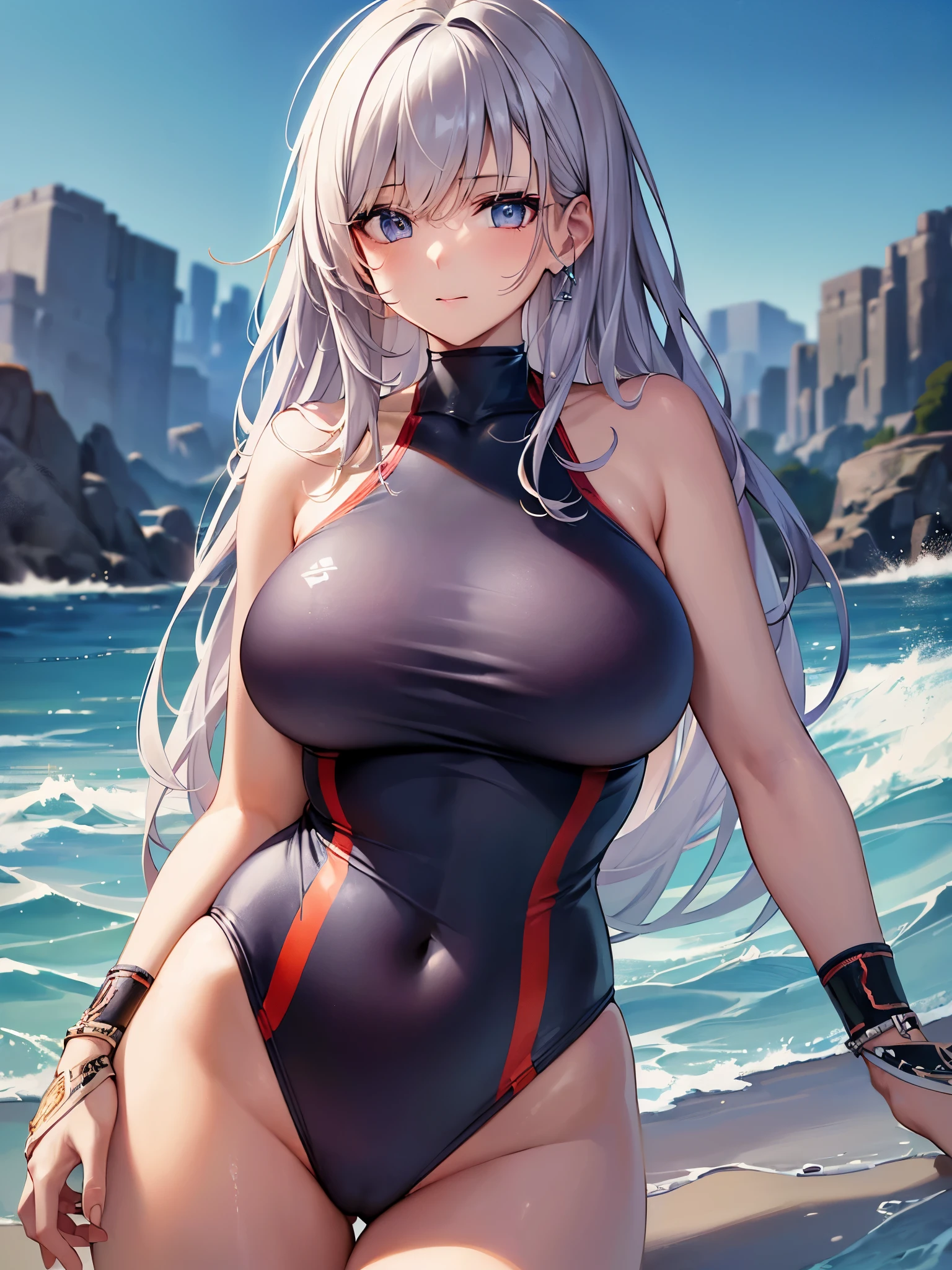 ((highest quality)),(ultra high resolution),(Super detailed),(detailed description),((best CG)),(best work of art),super precision art,great drawing art,(Art with precise details:1.5), (1 woman:1.5),beautiful and well-shaped face:1.5,(Competitive swimsuit that shows the shape of your breasts:1.5),