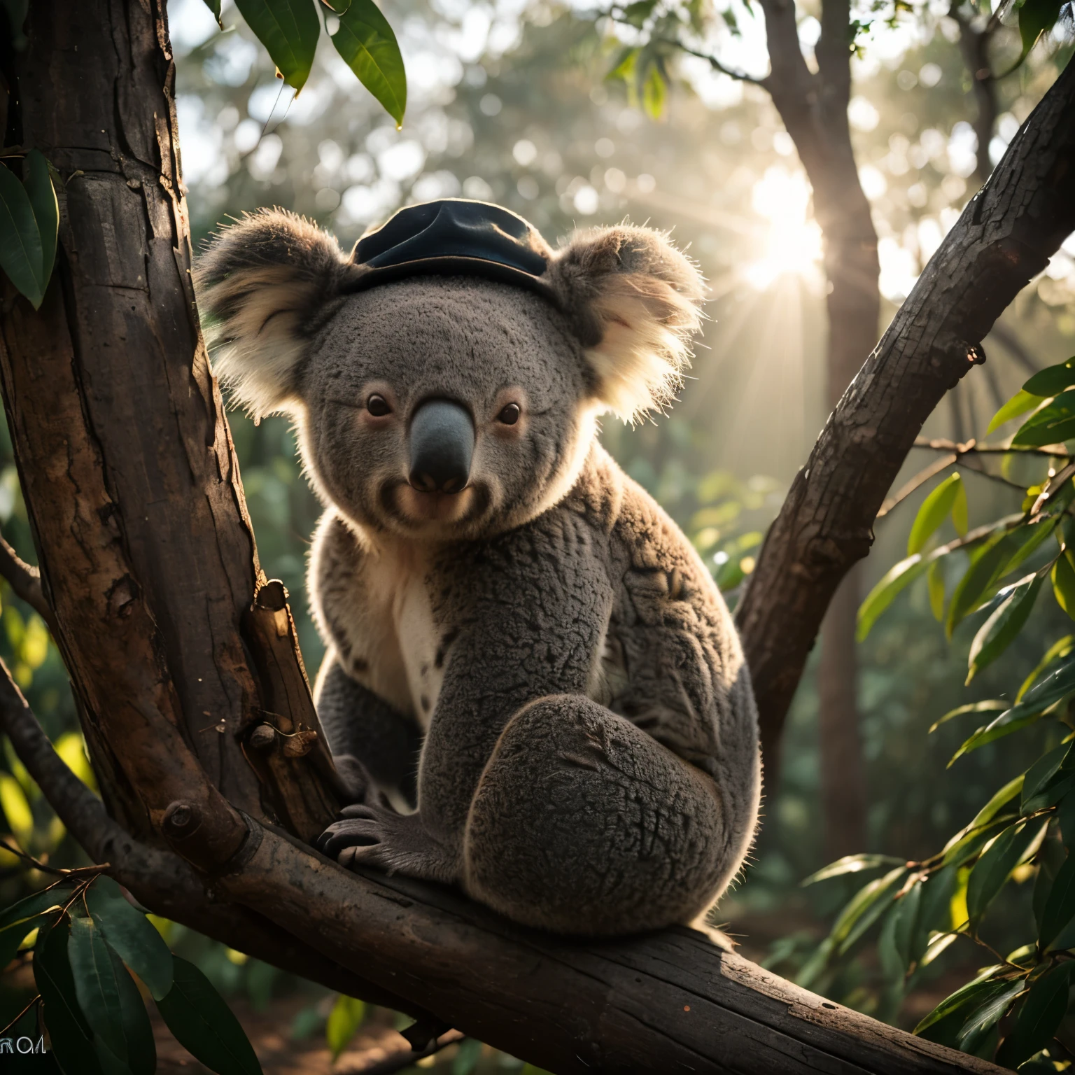 ((Best quality, 8k, Masterpiece, Sharp focus, DSLR, f/4.0, Koala bear with Simon Adebisi hat :1.6)), Side lighting, ((Wild, adorable koala bear sitting on a tree trunk :1.5)), ((Hat tilted slightly to one side :1.3)), ((Textured fur:1.2)), (((Detailed hat texture:1.2), (Brilliant colors :1.2))), ((Tree bark texture:1.2)), Highly detailed, expressive eyes:1.2, (Tree branches in the background:1.2), (Subtle sun rays peeking through the leaves: