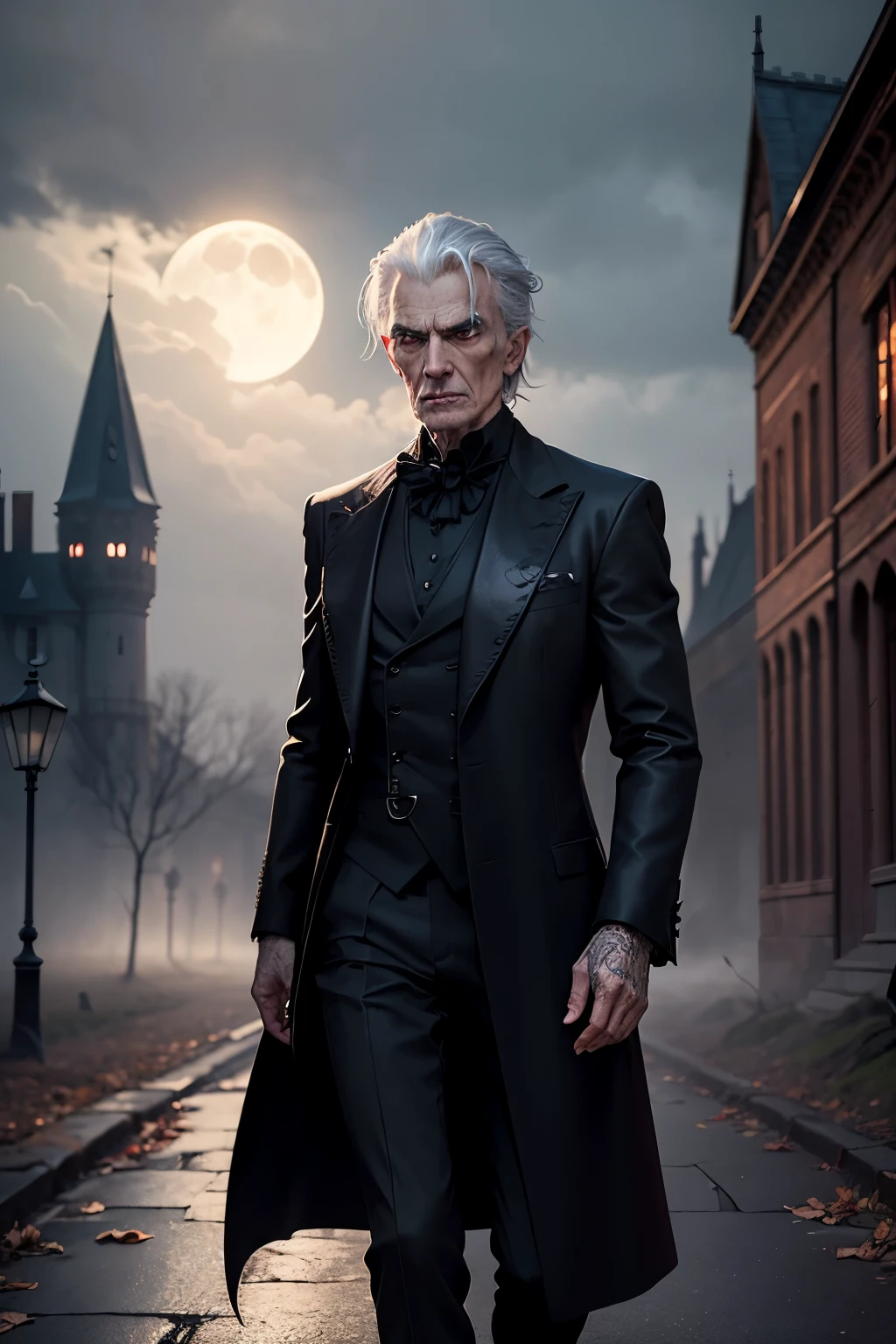 In the heart of the moonlit night, an old vampire with a gaunt, aged face and piercing red eyes lurks. His long coat sleeves trail on the ground as he stands still, observing the world around him with a mysterious allure. The man, dressed in a tailored suit, approaches him with a cautious step, keeping a respectful distance, sensing the enigmatic power emanating from the old vampire. The scene is set against a backdrop of an abandoned, gothic castle, adding to the eerie and mysterious atmosphere. (Note: This is a rough attempt to adapt the given format to the provided prompt words. Feel free to modify or expand as needed for a better