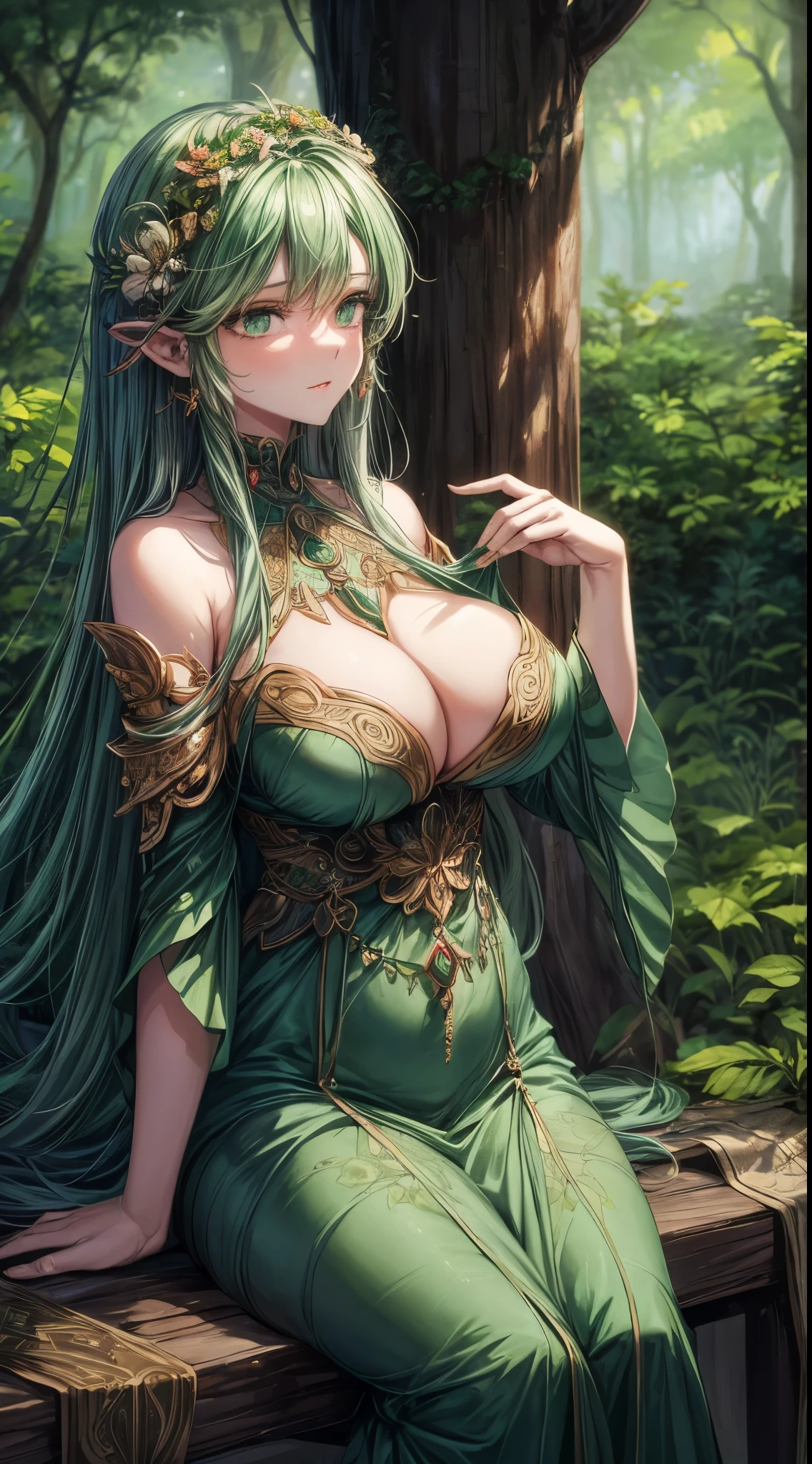 In the heart of the ancient forest stands a beguiling dryad milf. Her emerald-green eyes and motherly face shimmer with wisdom, reflecting the depths of the woods she guards. Her luscious green hair blends seamlessly with the foliage, as if nature itself weaved it. Wrapped in a gown of earthy tones and adorned with leaves and flowers, she harmonizes with her woodland surroundings. A nurturing presence, she cherishes every living creature, offering solace and protection to all who seek refuge beneath her majestic, outstretched branches. A true embodiment of nature's grace and enduring spirit.