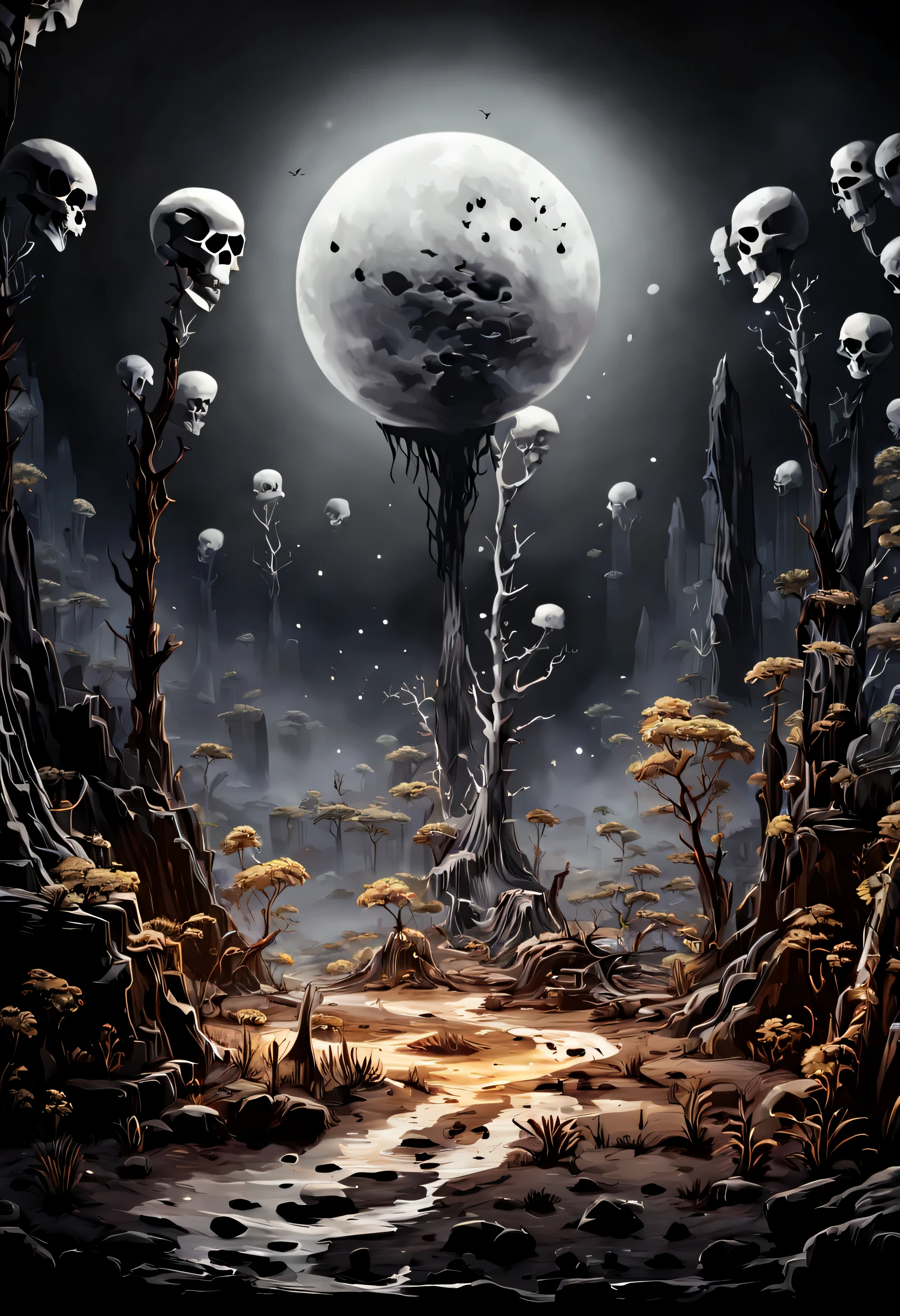 It's night time, the atmosphere is eerie and mist rises from the ground that is covered with black and white colored foliage. a void faced skeleton character is from the chest up in the front of the image. The void faced skeleton lis gazing upon a skull made of melting dark matter, the skull has charred old cowboy hat on. he is holding up with one hand close to it's void face. A large oilpainting is hanging by itself above the ground on the background, painting portraits an old crubled well and a pair of footprints on the ground, the footprints step out of the painting and leads all the way to void faced cowboy.