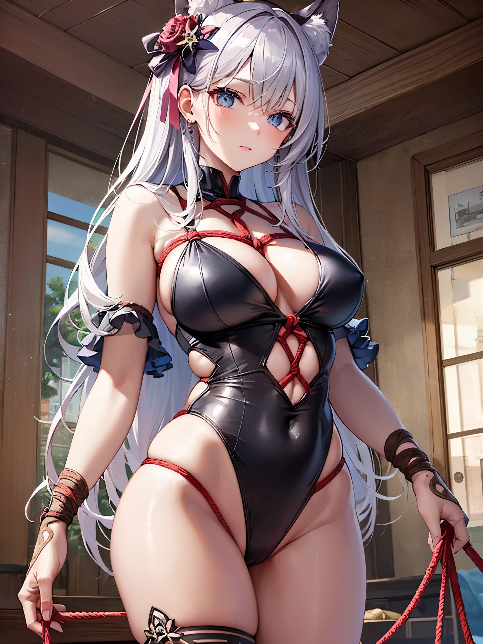 ((highest quality)),(ultra high resolution),(Super detailed),(detailed description),((best CG)),(best work of art),super precision art,great drawing art,(Art with precise details:1.5), (1 woman:1.5),beautiful and well-shaped face:1.5,(rope swimsuit:1.5),