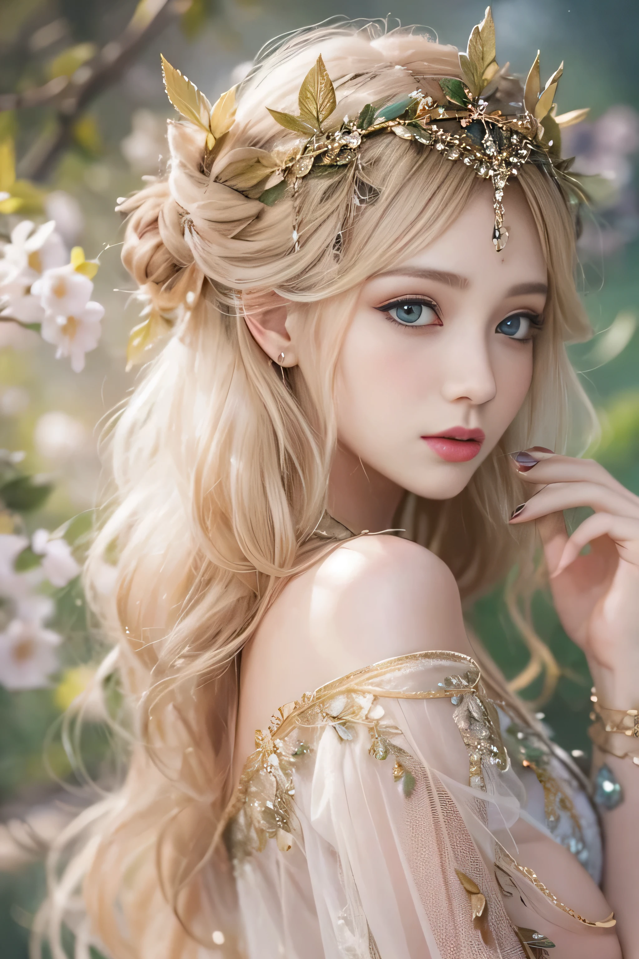 highest quality、High resolution、Super detailed、masterpiece、(Live shooting:1.5)、genuine:1.5、photogenuineistic:1.5、very delicate and beautiful、small details、(european:1.4)、(spread your legs:1.1)、Elegant and beautiful fairy portrait、She is in harmony with nature、beautiful like a fairy、Clear, glowing skin、emerald green eyes、(delicate and soft blonde hair)、light, Feather-like hair ornaments and accessories、Elegant and flowing fairy-like costume、A background that blends in with nature