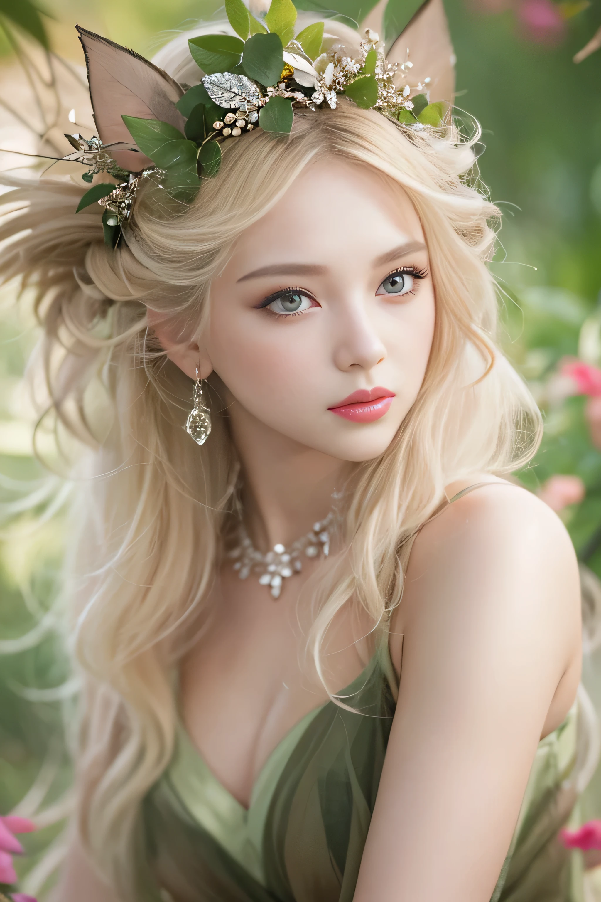highest quality、High resolution、Super detailed、masterpiece、(Live shooting:1.5)、genuine:1.5、photogenuineistic:1.5、very delicate and beautiful、small details、(european:1.4)、(spread your legs:1.1)、Elegant and beautiful fairy portrait、She is in harmony with nature、beautiful like a fairy、Clear, glowing skin、emerald green eyes、(delicate and soft blonde hair)、light, Feather-like hair ornaments and accessories、Elegant and flowing fairy-like costume、A background that blends in with nature