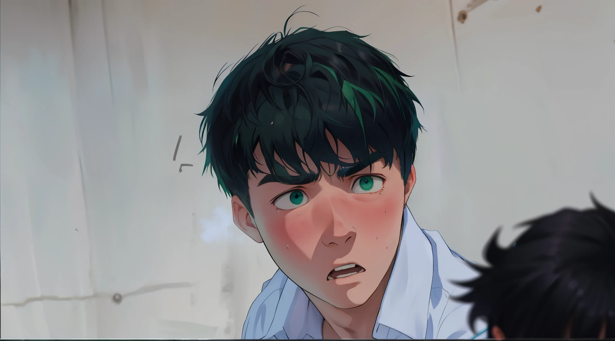 15-year-old boy with dark green hair and a blue shirt is surprised, scared and looks fearfully at his friend 
