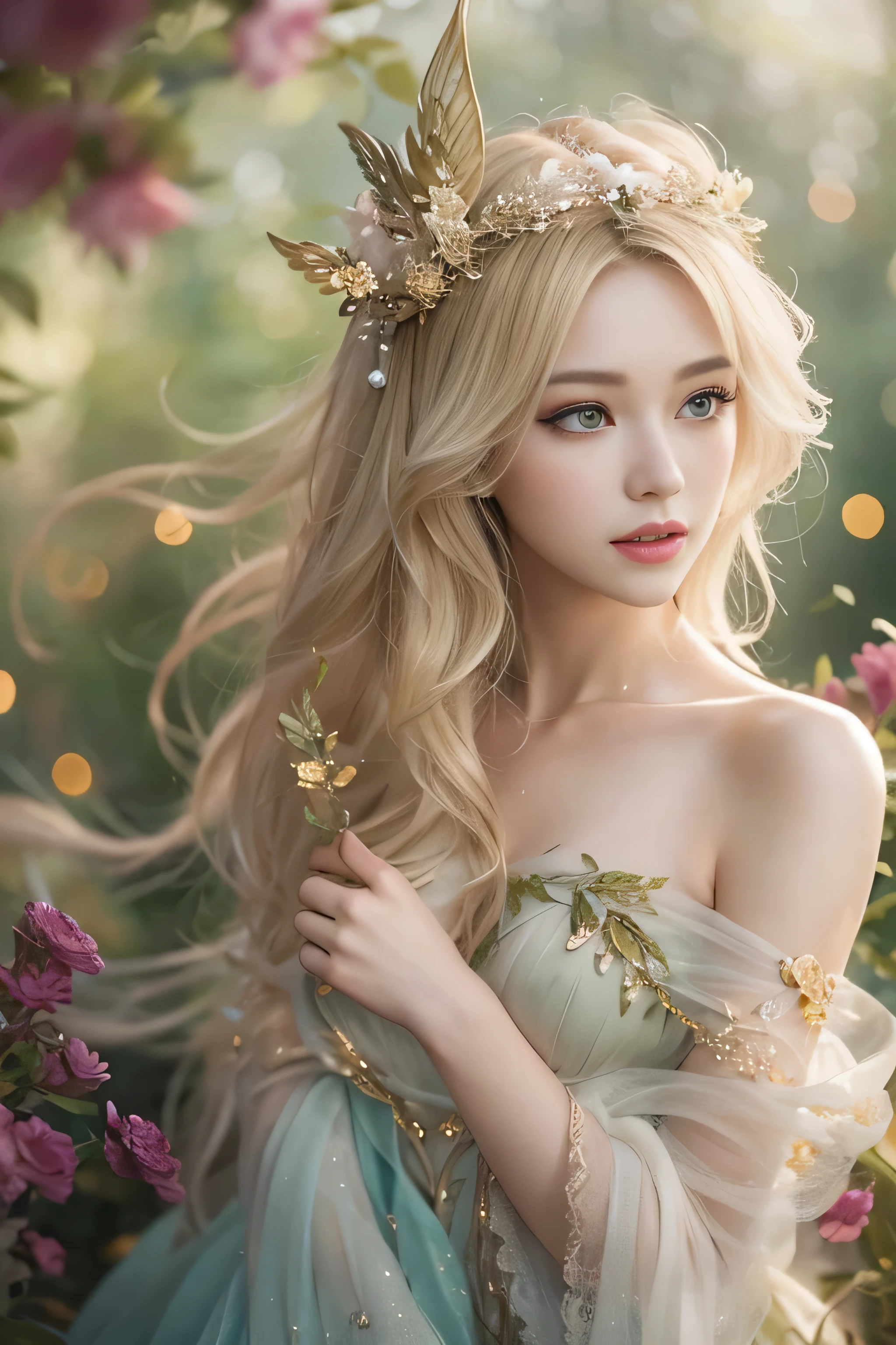 highest quality、High resolution、Super detailed、masterpiece、(Live shooting:1.5)、genuine:1.5、photogenuineistic:1.5、very delicate and beautiful、small details、(european:1.4)、(spread your legs:1.1)、Elegant and beautiful fairy portrait、She is in harmony with nature、beautiful like a fairy、Clear, glowing skin、emerald green eyes、(delicate and soft blonde hair)、light, Feather-like hair ornaments and accessories、Elegant and flowing fairy-like costume、A background that blends in with nature