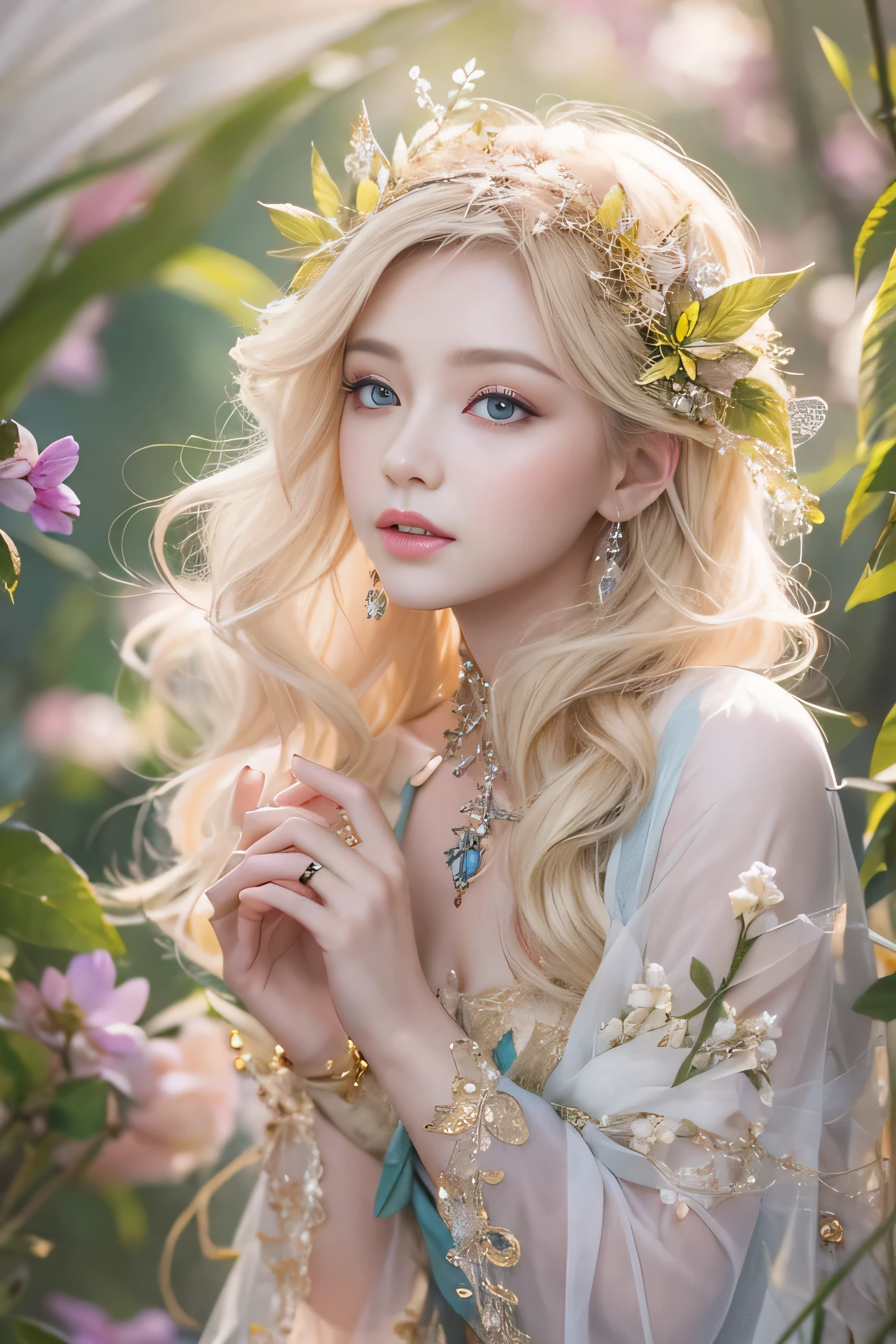 highest quality、High resolution、Super detailed、masterpiece、(Live shooting:1.5)、genuine:1.5、photogenuineistic:1.5、very delicate and beautiful、small details、(european:1.4)、(spread your legs:1.1)、Elegant and beautiful fairy portrait、She is in harmony with nature、beautiful like a fairy、Clear, glowing skin、emerald green eyes、(delicate and soft blonde hair)、light, Feather-like hair ornaments and accessories、Elegant and flowing fairy-like costume、A background that blends in with nature