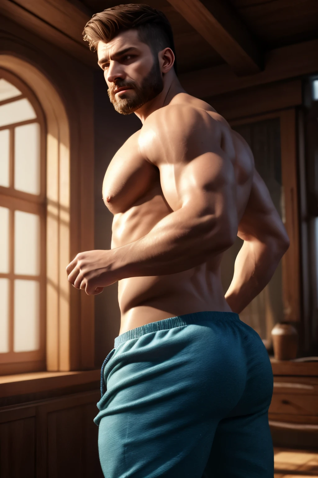 handsome russian man, high detail, 18 years old, skinny, lean, 8k, mystical, magical, ultra hd, realistic, vivid colors, highly detailed, UHD drawing, pen and ink, perfect composition, beautifully detailed intricate insanely detailed octane rendering trending on artstation, 8k artistic photography, photorealistic concept art, soft natural volumetric cinematic perfect light, huge manly bubble butt, highly detailed and perfect face, realistic hands, sweatpants