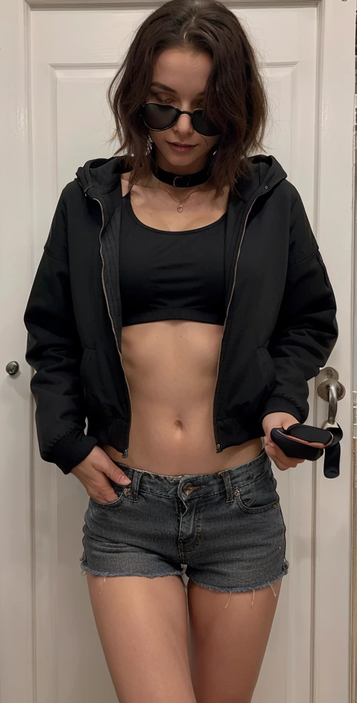 masterpiece, woman standing in front of a door wearing a black Jacke, Profilaufnahme, wearing sports wear, sports bra, wearing mini shorts, in mini Jeans und schwarzem sport bra , black Jacke, wearing a black Jacke, etwa 1 9 Jahre alt, Jacke, Vorderseite full, bauchfrei, bare midriff, revealing body, Vorderseite, no shirt, sexy, blush, teilweise nude, slave collar