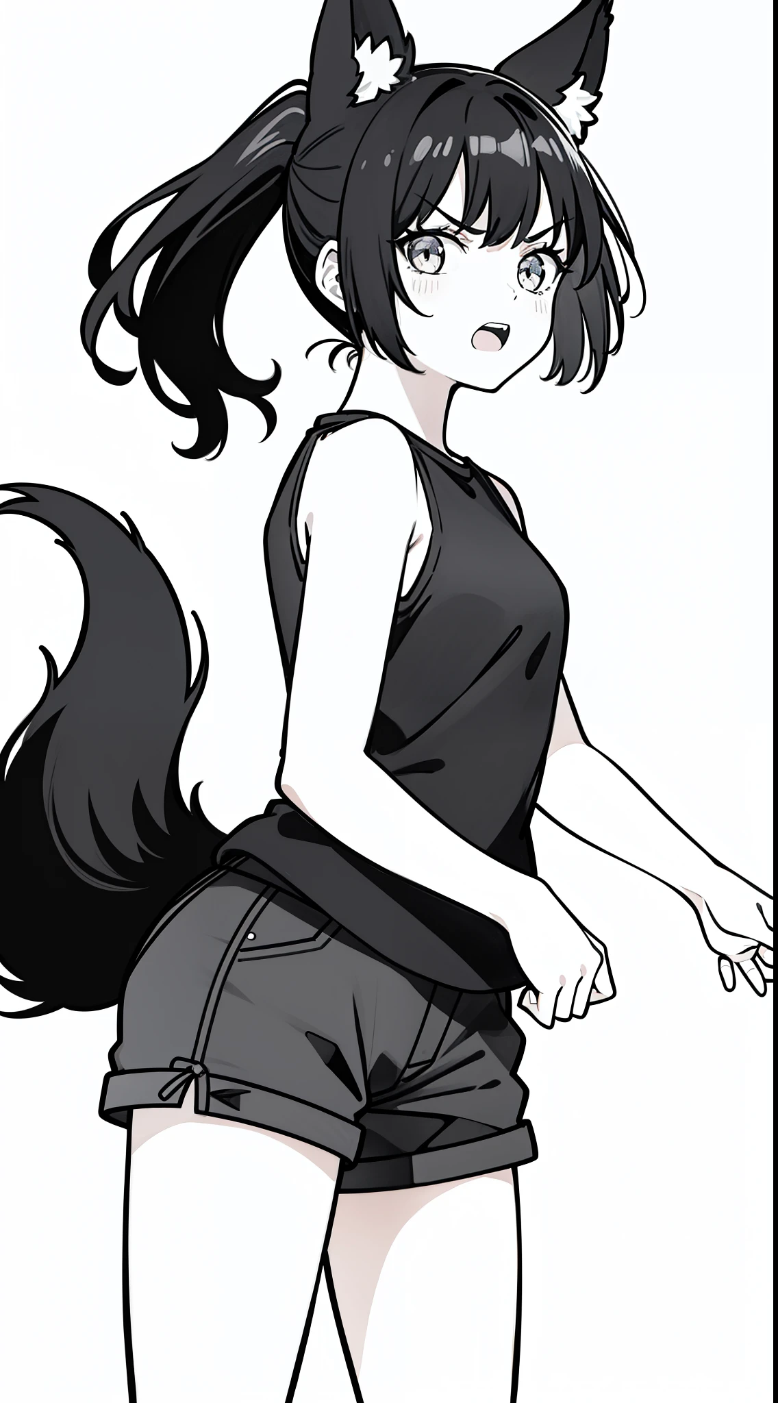 1girl,10 years,solo,angry face,open mouth,black hair,ponytail hair,short hair,fox ears,black shirt,sleeveless,black shorts,cowboy shot,(white background,line drawing),standing,from front