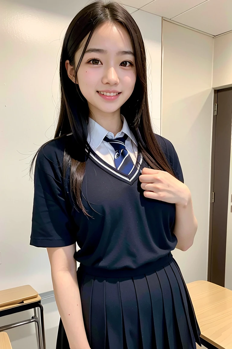 High quality 4K、realistic depiction、Minami Hamabe、17-year-old high school student、beautiful skin、medium hair、black hair、upper grade、high school uniform、smile、school classroom