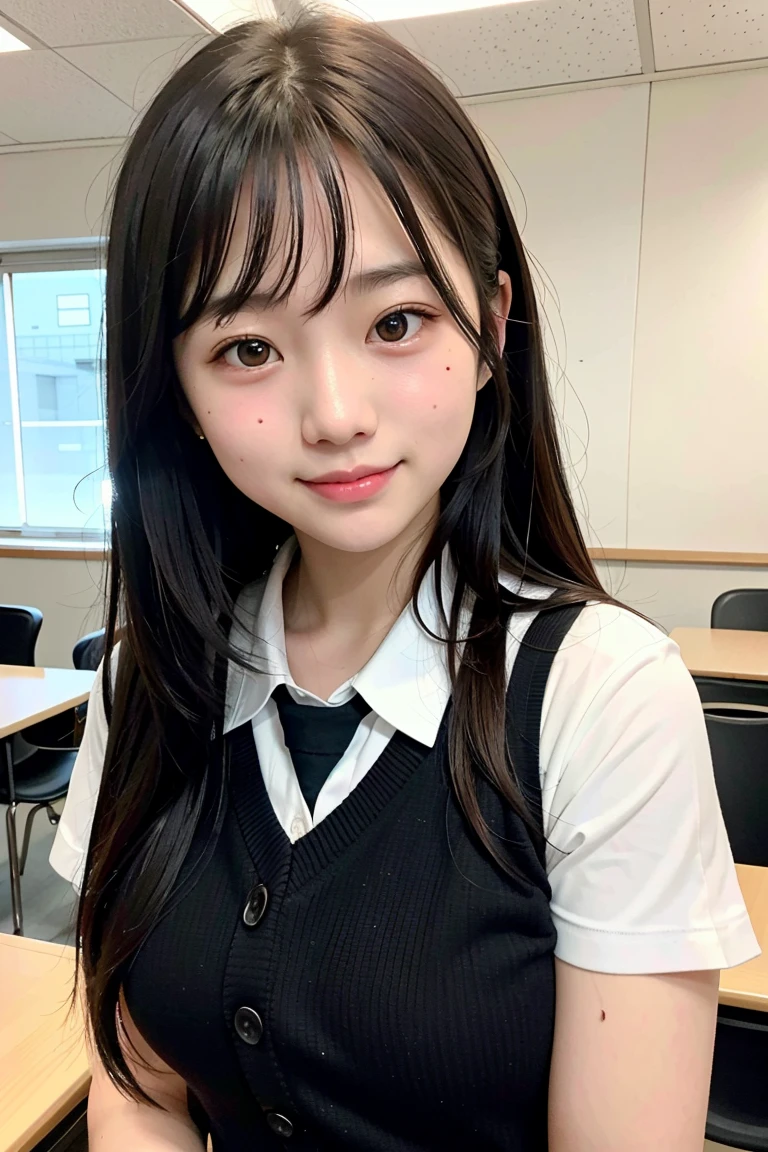 High quality 4K、realistic depiction、Minami Hamabe、17-year-old high school student、beautiful skin、medium hair、black hair、upper grade、high school uniform、smile、school classroom