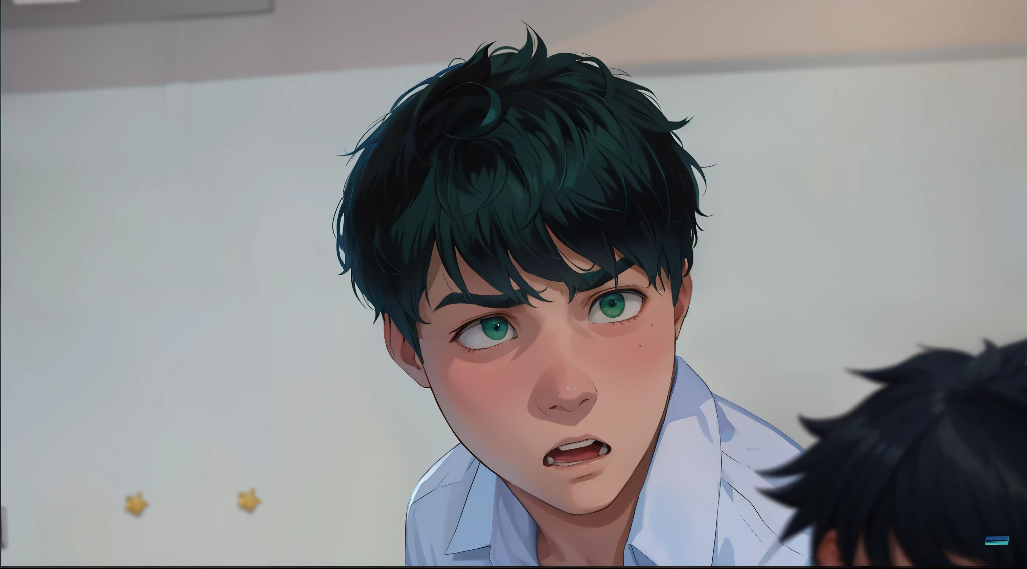 15-year-old boy with dark green hair and a blue shirt is surprised, scared and looks fearfully at his friend
