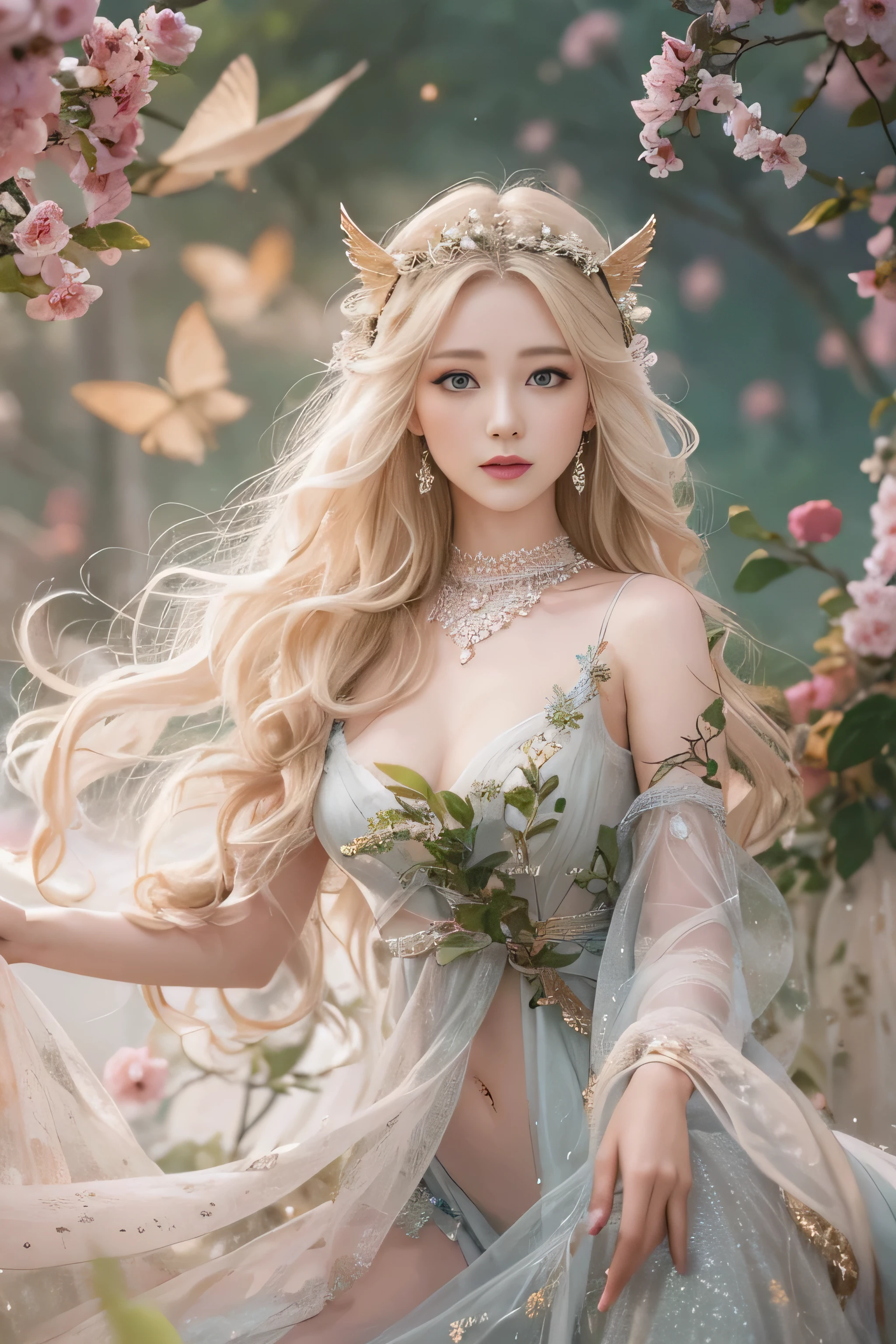 Full body picture of Barbie in a sexy white and gold dress. large breasts (bare chest) A delicate face, blonde hair blowing in the wind, a princess dress, a princess wearing a beautiful crown. smile kindly beautiful garden background gentle and transparent delicate pattern Pink rose space, soft light (Bokeh ), Masterpiece, Superb details, Epic Elements, Highest quality, 8K, Epic Romantic Fantasy Digital Art, Digital art, fantasy, epic fairy tale, Legendary fantasy, UHD resolution, Detailed detailed drawing, realistically, very realistically, Cinematic lighting, award winning photos ,Various colors,Very realistic textures,incredible light