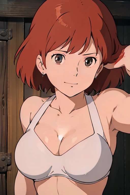 (masterpiece, best quality, high resolution, anime screencap, anime colored, 8k, photorealistic), Nausicaa, 16years old, milf, wife, solo, brown hair, sad smile, (looking at viewer), huge breasts, cleavage, (white bikini:1.5), Curvey, cowboy shot, (lake, wet), (perfect detailed anatomy, beautiful detailed face&eyes:1.5, shiny skin, perfect sharp body)