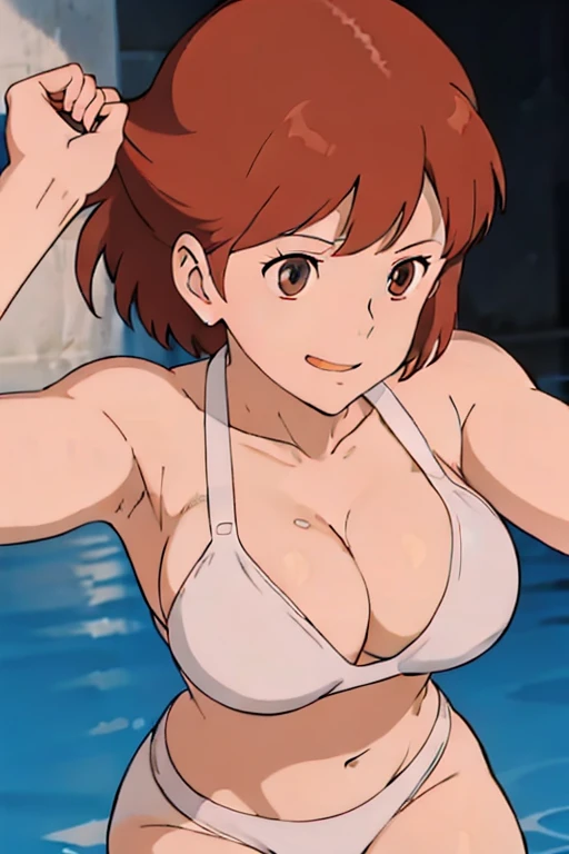 (masterpiece, best quality, high resolution, anime screencap, anime colored, 8k, photorealistic), Nausicaa, 16years old, milf, wife, solo, brown hair, sad smile, (looking at viewer), huge breasts, cleavage, (white bikini:1.5), Curvey, cowboy shot, (lake, wet), (perfect detailed anatomy, beautiful detailed face&eyes:1.5, shiny skin, perfect sharp body)