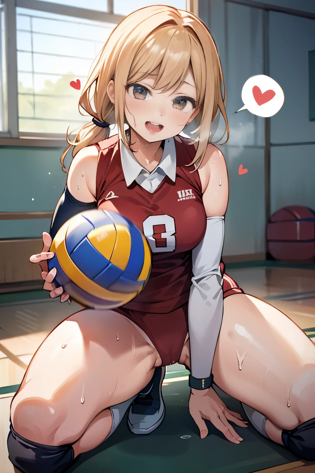 unity 8k wallpaper, anatomically correct, (((masterpiece))), (((best quality))), (((ultra detailed))), (((high-resolution))), ((Ultimate cutie)), perfect hands, perfect finger, (((good anatomy))), detailed beautiful face, shiny hair, (((gyaru))), (potbelly), (curvy), medium breasts, ((Thick thighs)), (((solo))), ((seductive smile)), (((blush))), (half open mouth),
BREAK, (((sit astride the perfectly spherical shape 6-inch volleyball))), (((Straddling a perfectly spherical 6" volleyball))), (((Perfectly spherical 6" volleyball fits perfectly crotch))), BREAK, (((Rub the Perfectly spherical 6" volleyball against crotch))),
BREAK, (Collared volleyball uniforms), sleeveless, ((buruma)), ((kneepad)), (pussy juice stained), (elbow pad), (((sweat))), (((covered in sweat))), ((deep breathing)), in Volleyball Court, indoor, lighting, looking at viewer, full body, (spoken heart)