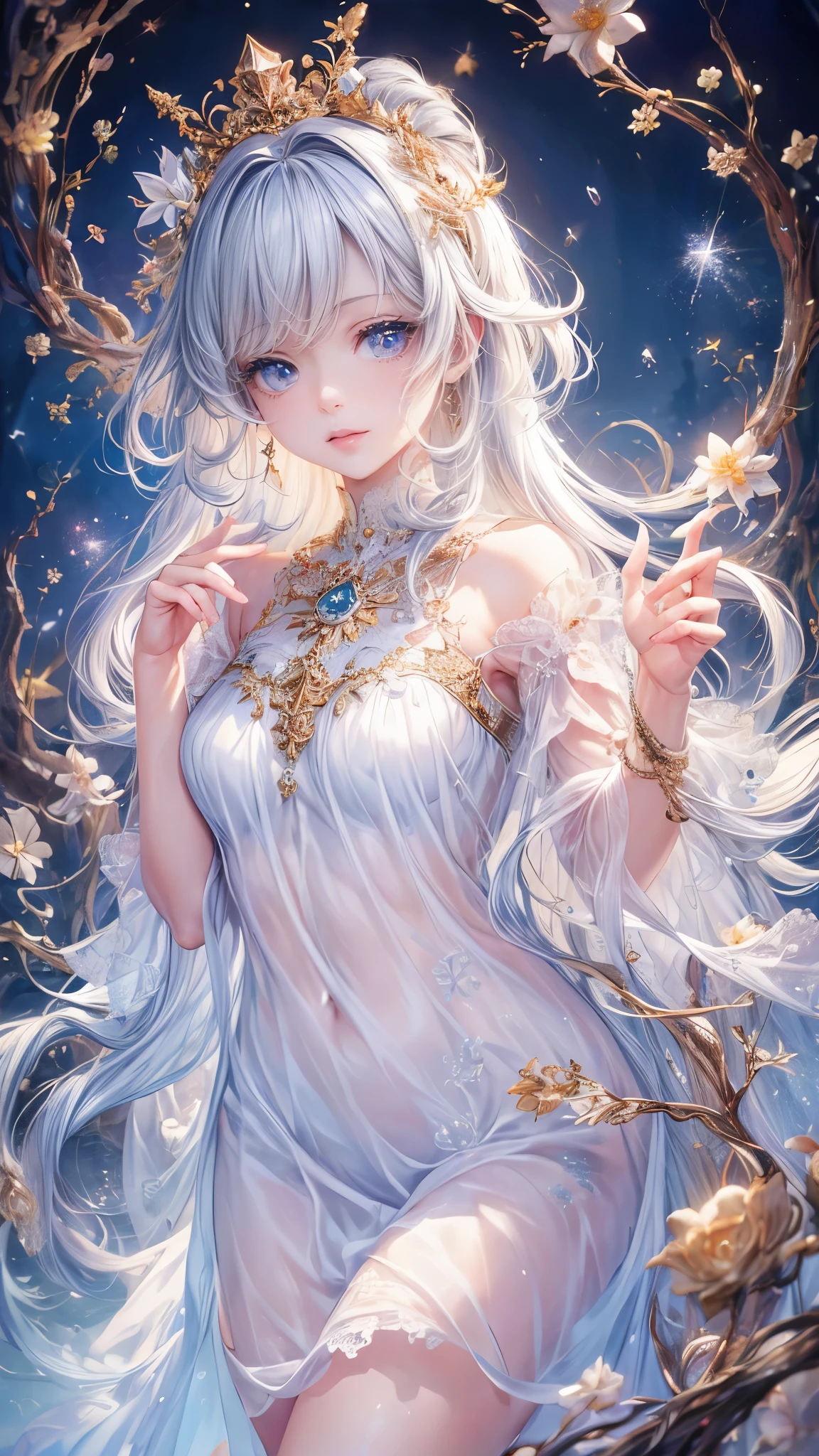 (best quality:1.4),(masterpiece:1.4),ultra-detailed,8K,CG,exquisite,upper body,loneliness,thumb girl,little princess,flowy court dress,garden background,detailed facial features,long curly hair,almond eyes,delicate eye makeup,long fluttering eyelashes,sparkling starry eyes,and a gaze like a star, intricate lip details,soft and harmonious style.