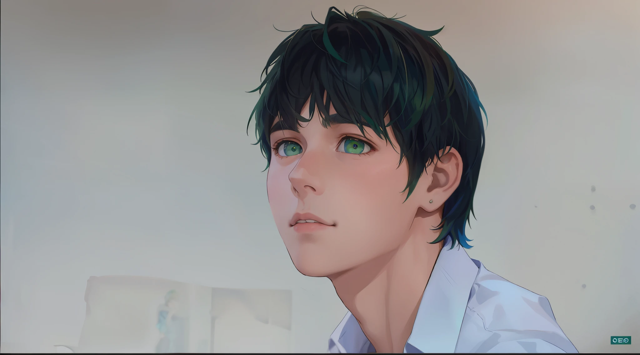 boy, green eyes, green hair and a blue shirt, sitting, looking up at someone who has arrived, talking about someone who is approaching, speaking with an open voice.