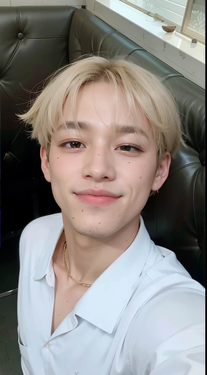 there is a man taking a selfie in a booth, Jimin\the right eyelid is swollen, apertando os olhos, taken at the beginning of 2020, park Jimin, hyung tae, accurate Jimin face, cai xukun, Jimin, profile picture with headshot, Taehyung comendo batatas fritas Gucci, shy smile, Jimin\o nariz grego, adorable and pale korean face, Jungkook