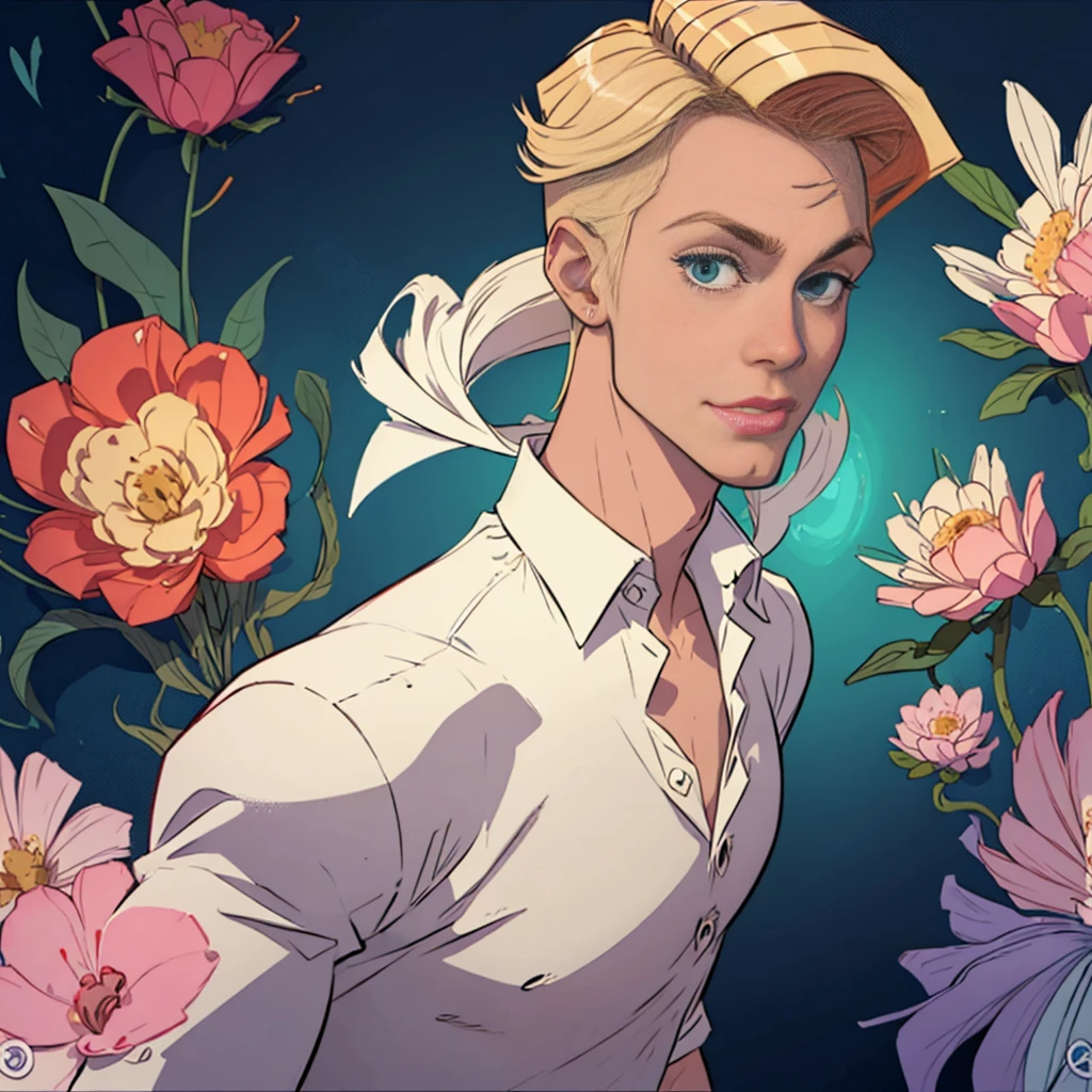Fred Jones from Scooby-Doo, blond, white dress shirt with blue leaf, orange scarf around the neck, dark ambient, misterious ambient,1 boy, solo boy, bold