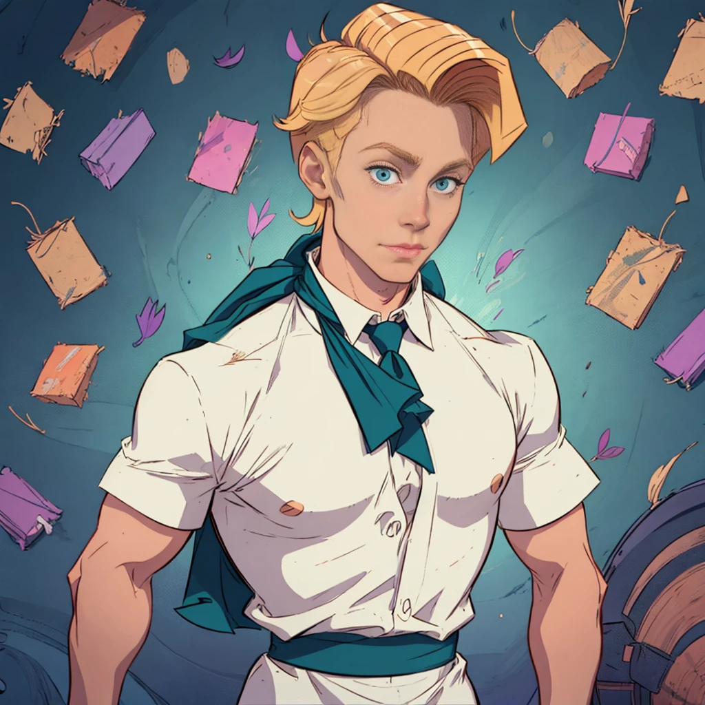 Fred Jones from Scooby-Doo, blond, white dress shirt with blue leaf, orange scarf around the neck, dark ambient, misterious ambient,1 boy, solo boy, bold