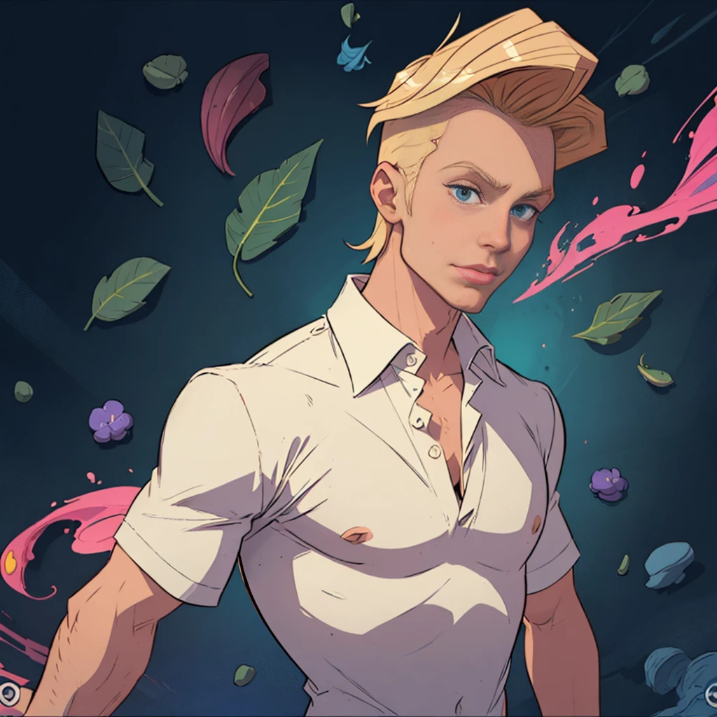 Fred Jones from Scooby-Doo, blond, white dress shirt with blue leaf, orange scarf around the neck, dark ambient, misterious ambient,1 boy, solo boy, bold