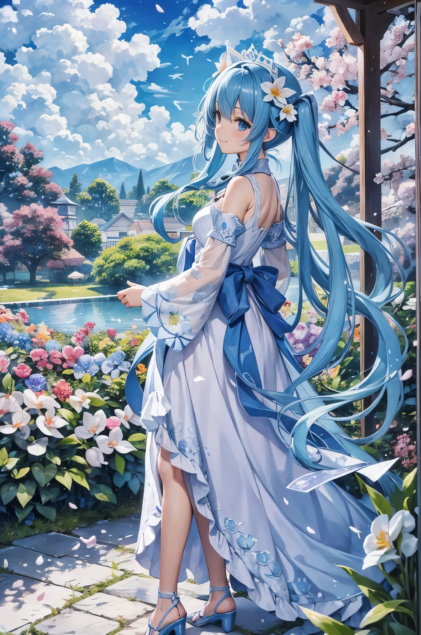 (High resolution、super detailed、nffsw、movie)、solo、1 girl、happiness、Girl Standing In Orchid Flower Garden、Girl around the petals、charming smile、Full body Esbian、Long-haired girl with blue hair、light blueの髪、twin tails、looking at the camera、fantasy、official art、pop art、profile、highly detailed face、highly detailed eyes、Cosmos Flower Garden、Ultra Detailed Fields、White blue sky、 light blue、blanche、nebula in the sky、watercolor painting、pastel colour