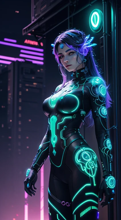 A cyberpunk-inspired goddess merging technology and nature, her body adorned with bioluminescent tattoos, circuits intertwining with vines, and a neural interface glowing beneath her skin, overlooking a cityscape blending neon lights with organic elements.