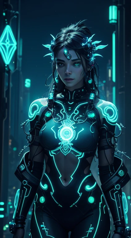 A cyberpunk-inspired goddess merging technology and nature, her body adorned with bioluminescent tattoos, circuits intertwining with vines, and a neural interface glowing beneath her skin, overlooking a cityscape blending neon lights with organic elements.