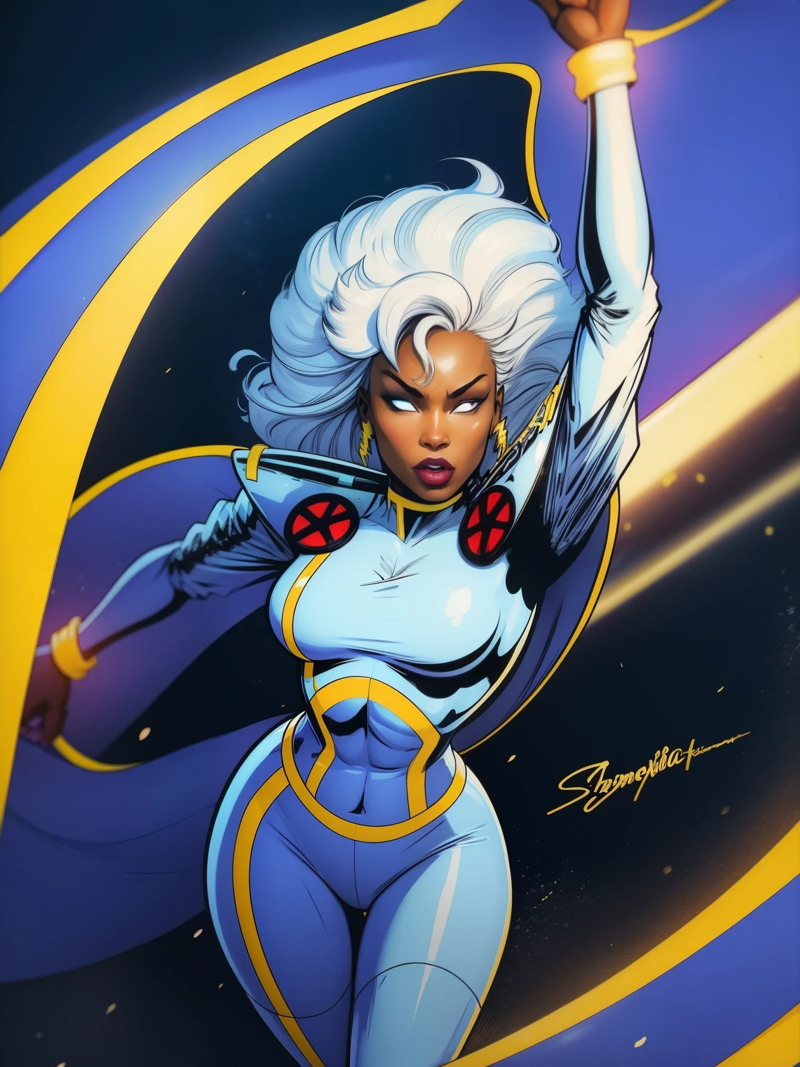 ((A comic style, cartoon art))). Storms wearing her signature outfit. 1 girl, solo, lonly, African girl, has white hair, white eyes, wears a classic X-Men Storm uniform with a cape, in dynamic epic  hero pose. fire blasts of concentrated plasma energy from your hands (((slim Hot Body))), which appears to be pulsing with power. ((cinematic thunder background)) , vivid colors, detailed, detailed face, realistic shadows and bright, glowing.