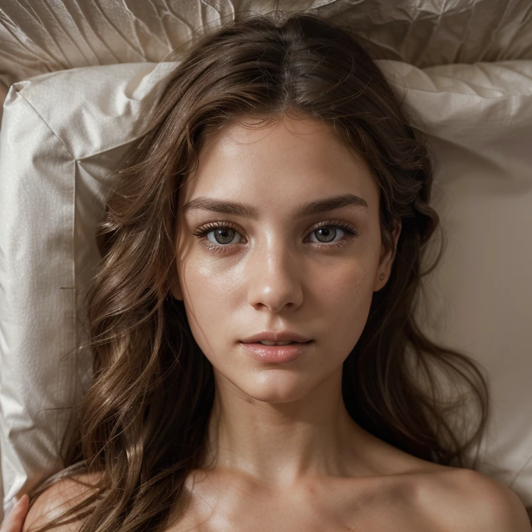 Photo of a 25-year-old European girl, raw, Beautiful woman, (Extra long wavy light brown hair), very large breats, tanned, ((Portrait)), ((Detailed face:1.2)), ((detailed facial featureinely detailed skin), pale skin, , wrapped in a sheet, Bedroom environment, Lying on the bed, (cold color), moist, moist, Reflectorasutepiece) (perfectly proportions)(photos realistic)(Best Quality) (Detailed) photographed in a Canon EOS R5, 50mm Lens, F/2.8, nffsw, (8K) (Wallpaper) (Cinematic lighting) (Dramatic Lighting) (foco nítido) (Convoluted) Fashion, From  above
