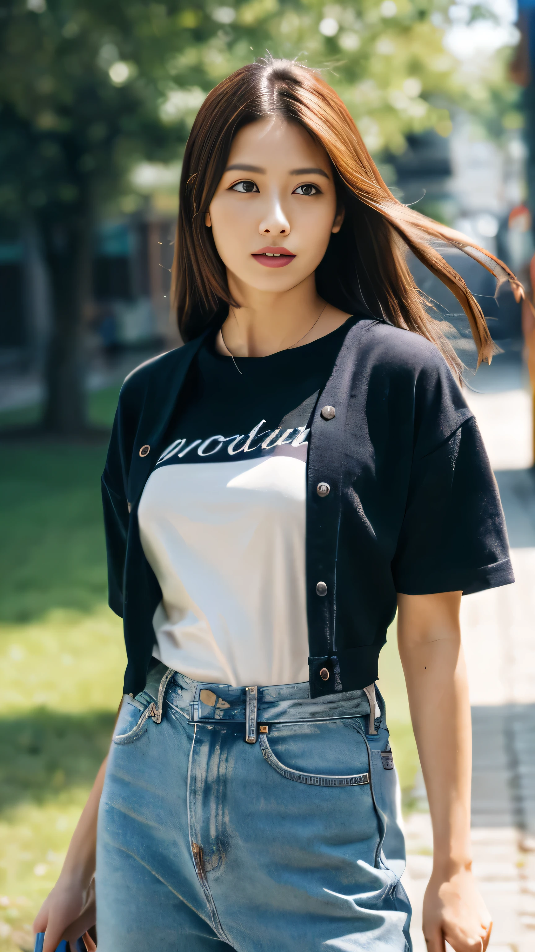 (RAW photo, 4k, masterpiece, high resolution, extremely complex) (realistic: 1.4), cinematic lighting, 1 Girl, Solo Focus, Summer Noon, Hot, 1990s (Style), Denim Lens, Indoor, Short Sleeve T-shirt