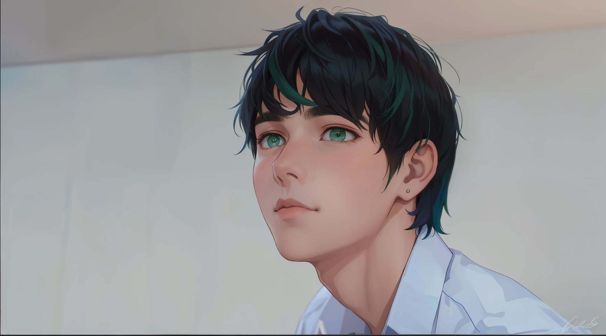 boy, green eyes, green hair and a blue shirt, sitting, looking up at someone who has arrived, talking about someone who is approaching, speaking with an open voice.